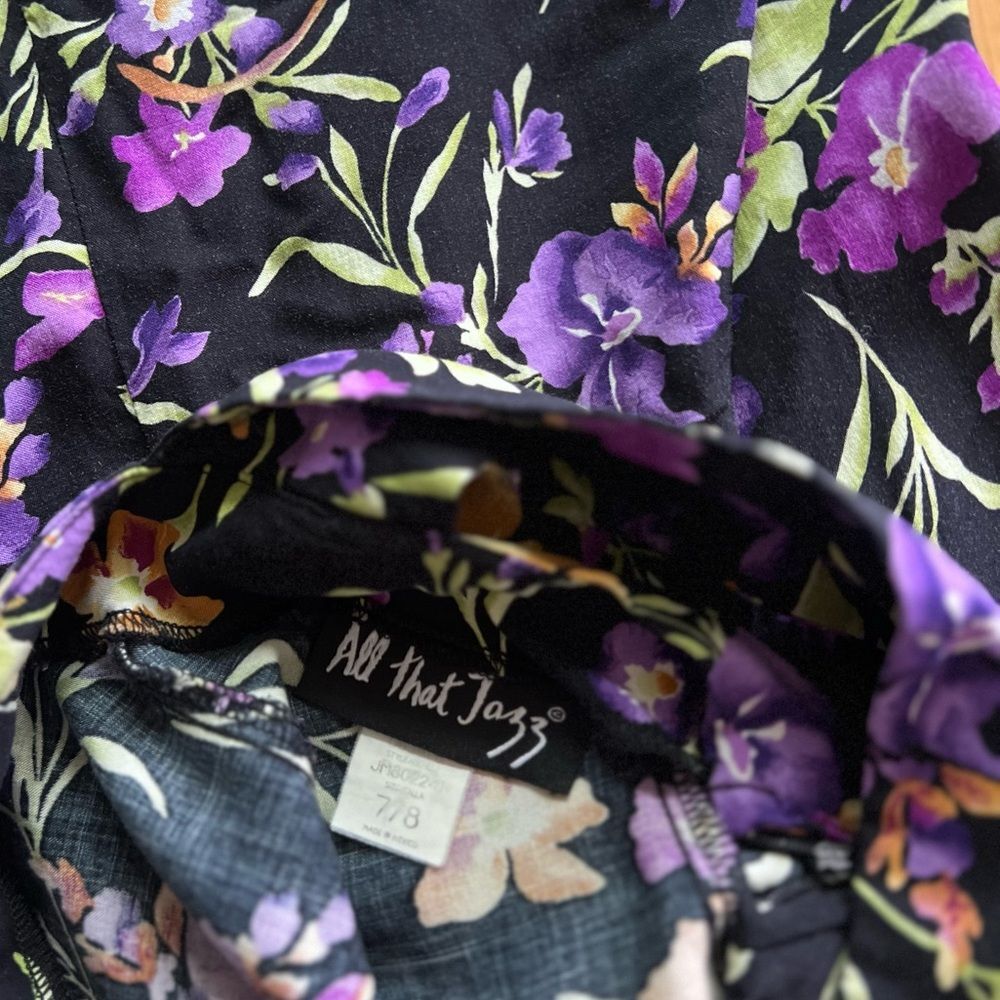 Vintage 80s All That Jazz Black Floral Midi Dress Crisscross Back Size 7/8 - Picture 7 of 16